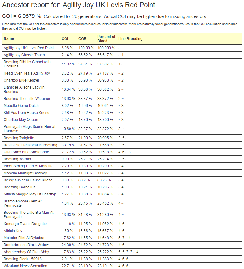 Ancestry report showing COI